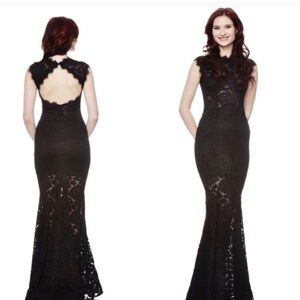 Betsy & Adam Elegant Black Lace Evening Gown